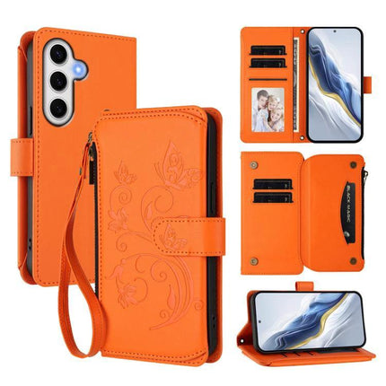 Wallet-Style Samsung Phone Case With Card Slots in orange wallet folio with wrist strap, embossed floral design, multiple card slots and stand