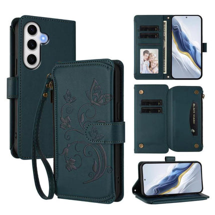 Wallet-Style Samsung Phone Case With Card Slots in teal faux leather wallet with wrist strap, embossed butterfly design and multiple card slots