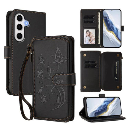 Wallet-Style Samsung Phone Case With Card Slots in black floral wristlet wallet with multiple card slots and stand