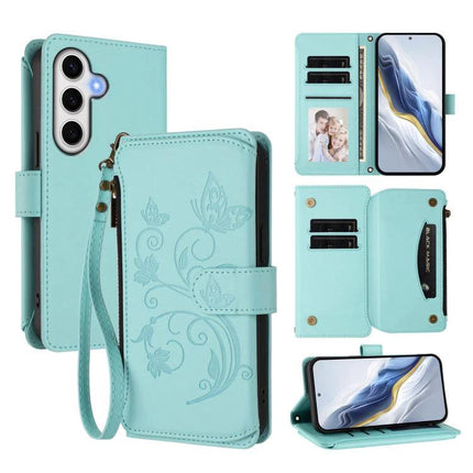 Wallet-Style Samsung Phone Case With Card Slots in teal floral wallet with wrist strap, multiple card slots and stand function