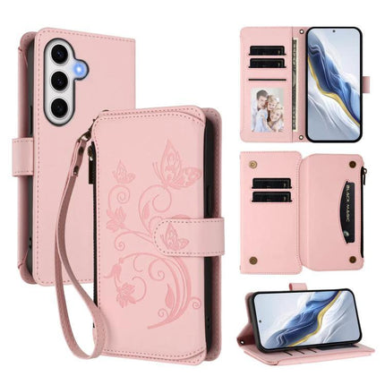 Wallet-Style Samsung Phone Case With Card Slots in pink floral wallet case with wrist strap, card slots, photo ID window, and hands-free stand