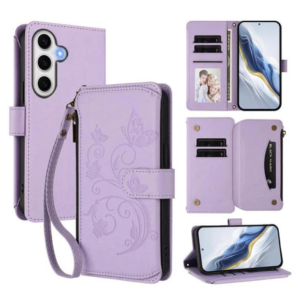 Wallet-Style Samsung Phone Case With Card Slots in lavender faux leather with wrist strap, multiple card slots and stand function