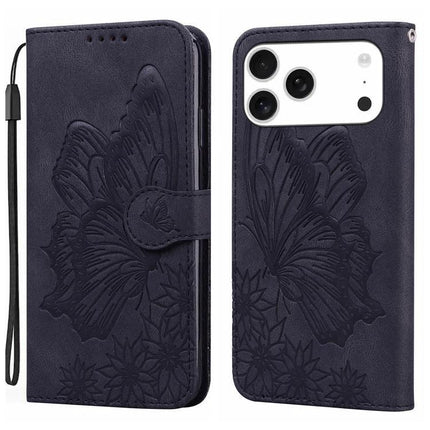 Practical Leather Flip Case for Daily Phone Protection - navy PU leather wallet case with embossed butterfly design and wrist strap, built-in stand