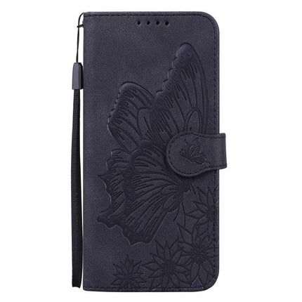 Practical Leather Flip Case for Daily Phone Protection in navy PU leather with embossed butterfly, wrist strap and built-in stand