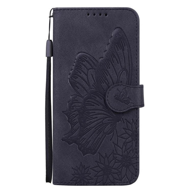 Practical Leather Flip Case for Daily Phone Protection in navy PU leather with embossed butterfly, wrist strap and built-in stand