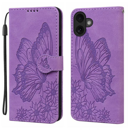 Practical Leather Flip Case for Daily Phone Protection - purple butterfly embossed PU leather wallet case with wrist strap and built-in stand