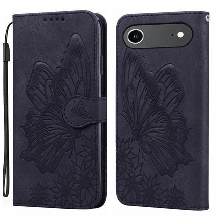 Practical Leather Flip Case for Daily Phone Protection - navy PU leather wallet case with embossed butterfly, wrist strap, card slots, kickstand