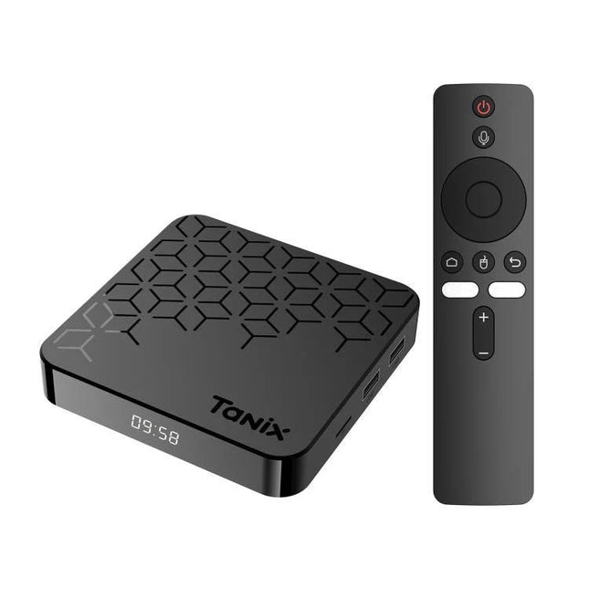 Alt Tag: Tanix TX7 8K UHD Android TV Box for Home Streaming black set-top box with remote showing HDMI streaming and Android 14.0 support
