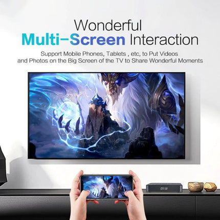 Tanix TX7 8K UHD Android TV Box for Home Streaming showing multi-screen smartphone to TV mirroring with UHD game visuals
