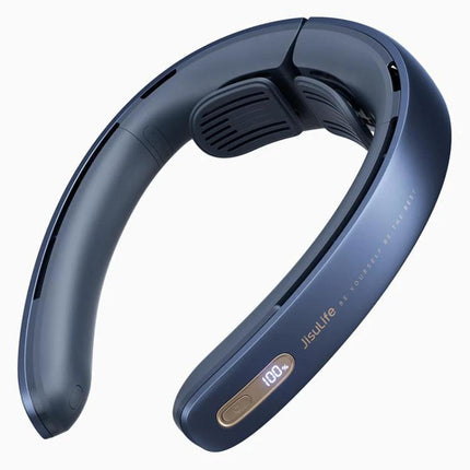 JisuLife Portable Neck Fan with Adjustable Speeds for Everyday Cooling hands-free navy wearable fan showing digital display