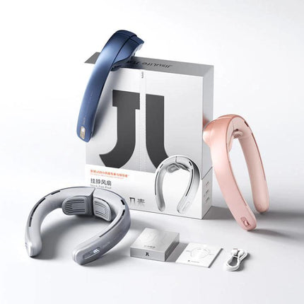 JisuLife Portable Neck Fan with Adjustable Speeds for Everyday Cooling - Trio of blue, pink, and gray hands-free fans with packaging and accessories