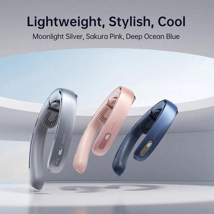 JisuLife Portable Neck Fan with Adjustable Speeds for Everyday Cooling shown in Moonlight Silver Sakura Pink and Deep Ocean Blue