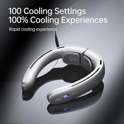 JisuLife Portable Neck Fan with Adjustable Speeds for Everyday Cooling shown on reflective surface highlighting digital speed display and ergonomic neckband