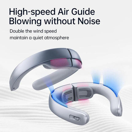 JisuLife Portable Neck Fan with Adjustable Speeds for Everyday Cooling showing dual high-speed air guides and quiet hands-free design