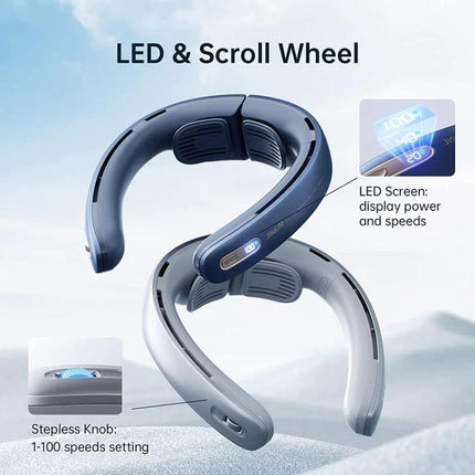 JisuLife Portable Neck Fan with Adjustable Speeds for Everyday Cooling showing LED screen and scroll wheel on blue and gray units