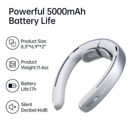 JisuLife Portable Neck Fan with Adjustable Speeds for Everyday Cooling showing white neck fan, 5000mAh battery, 17h life, silent 46dB