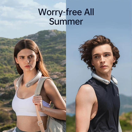 JisuLife Portable Neck Fan with Adjustable Speeds for Everyday Cooling worn by man and woman outdoors for hands-free personal cooling
