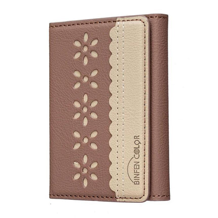 Binfen Magnetic Leather Card Bag with Flowers for Cards and Holder - brown floral compact card holder with magnetic closure and phone stand feature