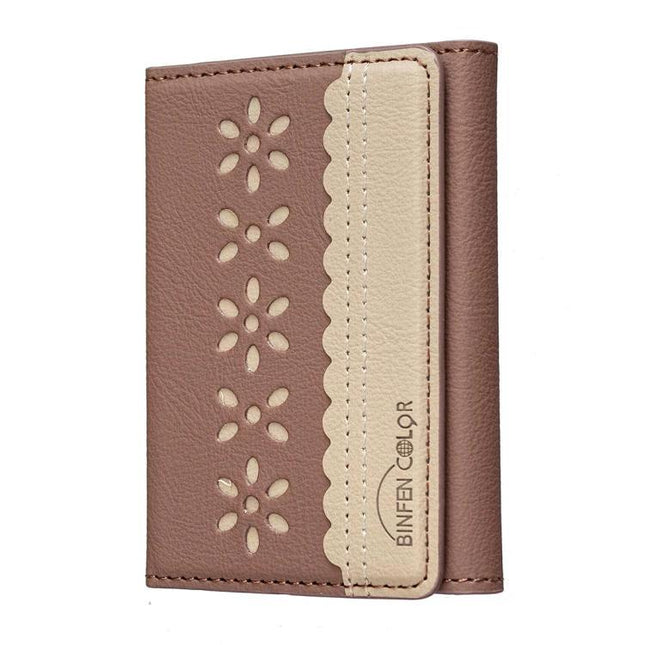 Binfen Magnetic Leather Card Bag with Flowers for Cards and Holder - brown floral compact card holder with magnetic closure and phone stand feature
