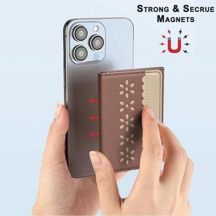 Binfen Magnetic Leather Card Bag with Flowers for Cards and Holder attached to phone, floral magnetic wallet used as card holder and phone stand