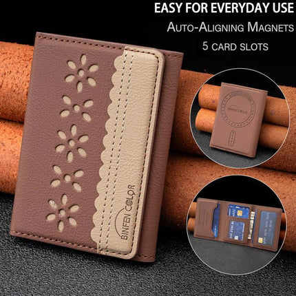 Binfen Magnetic Leather Card Bag with Flowers for Cards and Holder, brown floral wallet with 5 card slots and folding phone stand
