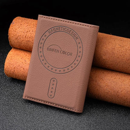 Binfen Magnetic Leather Card Bag with Flowers for Cards and Holder, brown floral magnetic card wallet and phone stand