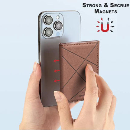 Diamond Embossed Magnetic Leather Card Bag for Cards and Phone Holder attached to phone with hands showing magnetic foldable card wallet and stand