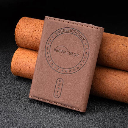 Diamond Embossed Magnetic Leather Card Bag for Cards and Phone Holder shown in brown leather with embossed logo and magnetic closure