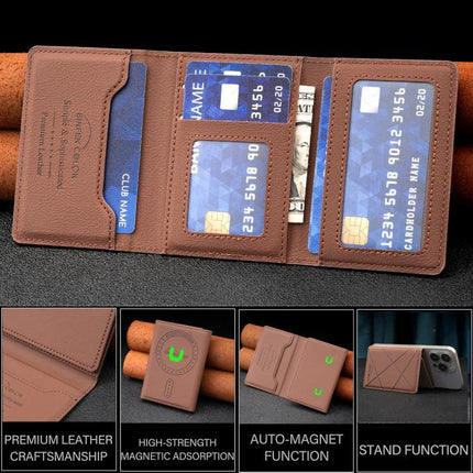 Diamond Embossed Magnetic Leather Card Bag for Cards and Phone Holder in brown showing card slots, cash pocket and stand function