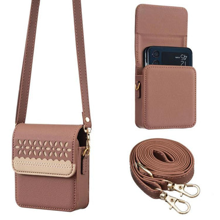Binfen Leather Crossbody Phone Bag With Floral Design shown in brown genuine leather with detachable strap and 360-degree protective corners