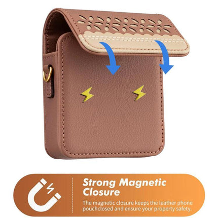 Binfen Leather Crossbody Phone Bag With Floral Design — genuine leather foldable phone pouch with floral cutout, strong magnetic closure and 360-degree protection