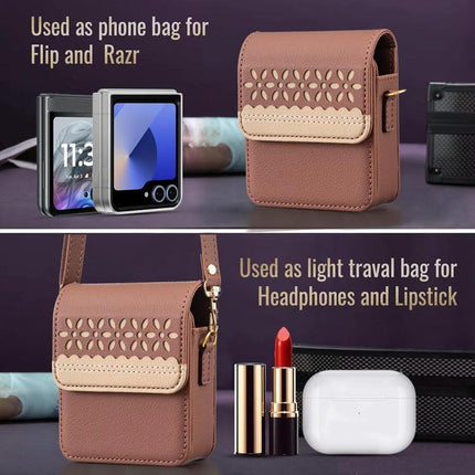 Binfen Leather Crossbody Phone Bag With Floral Design - genuine leather crossbody for foldable phones with 360-degree protection and decorative floral pattern