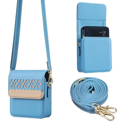 Binfen Leather Crossbody Phone Bag With Floral Design - light blue genuine leather phone bag with floral cutout, strap and protective corners