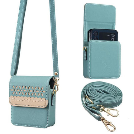 Binfen Leather Crossbody Phone Bag With Floral Design in teal genuine leather showing front, open view with phone and detachable strap