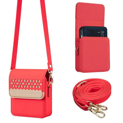 Binfen Leather Crossbody Phone Bag With Floral Design in red genuine leather with detachable strap, 360-degree buffer corner protection