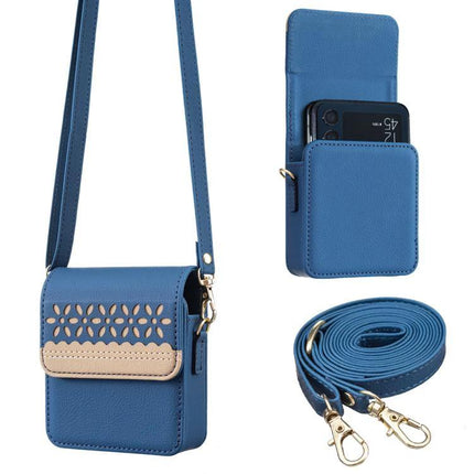 Binfen Leather Crossbody Phone Bag With Floral Design — blue genuine leather compact phone purse with floral cutout, 360-degree protection and detachable strap