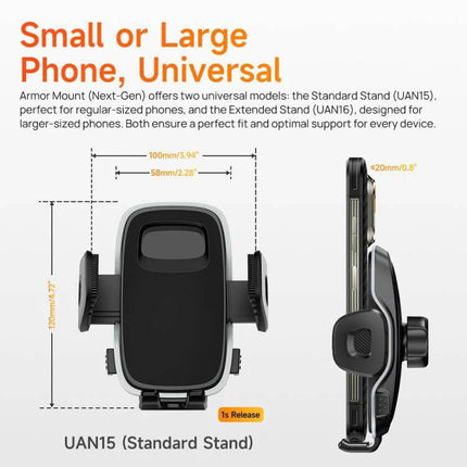 Ulefone UAN15 Armor Phone Holder For Car Or Desk, 360 Degree Swivel - universal UAN15 standard stand showing dimensions and side profile