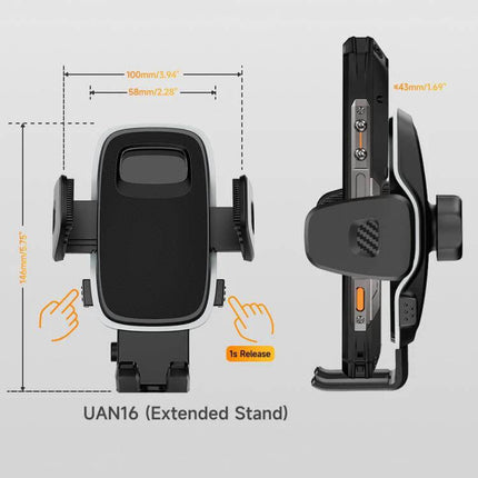 Ulefone Armor Mount Phone Holder For Car And Desk showing front and side views with dimensions and 1s release button