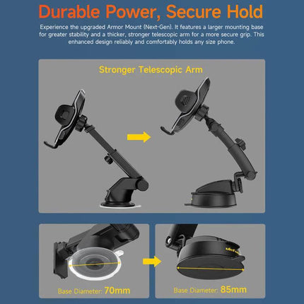 Ulefone Armor Mount Phone Holder For Car And Desk showing adjustable telescopic arm and 70mm to 85mm suction base for dashboard or desk mounting