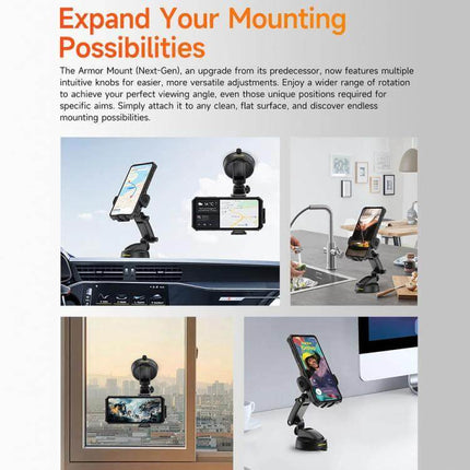 Ulefone Armor Mount Phone Holder For Car And Desk mounted on dashboard, windshield, and desk showing adjustable PC clamp and versatile positions