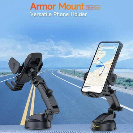 Ulefone Armor Mount Phone Holder For Car And Desk on dashboard and windshield with adjustable PC clamp showing phone navigation