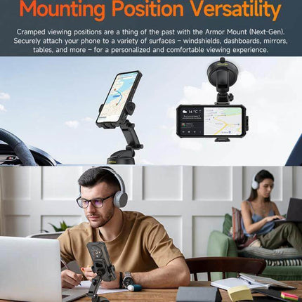 Ulefone Armor Mount Phone Holder For Car And Desk mounted on dashboard and desktop showing adjustable positions and secure PC clamp