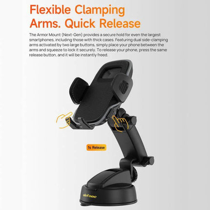 Ulefone Armor Mount Phone Holder For Car And Desk on dashboard and desk showing flexible clamping arms and quick release, durable PC construction
