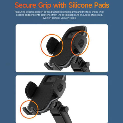 Ulefone Armor Mount Phone Holder For Car And Desk showing secure silicone-padded clamps and foot for dashboard, windshield or desk mounting