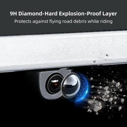 Lens Guard Protective Cover Kits for Tesla Vehicles showing 9H diamond-hard lens shield protecting camera from flying road debris