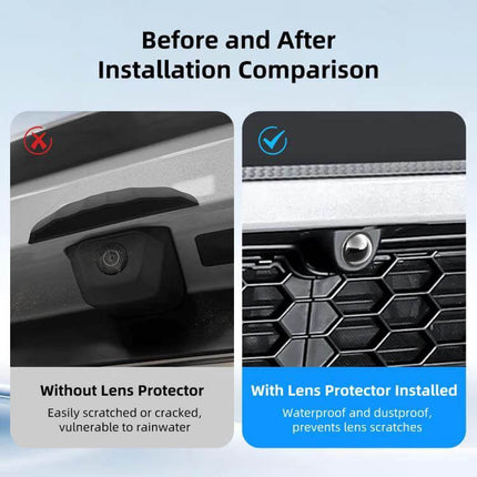 Lens Guard Protective Cover Kits for Tesla Vehicles showing before-and-after camera lens protection with waterproof dustproof installed