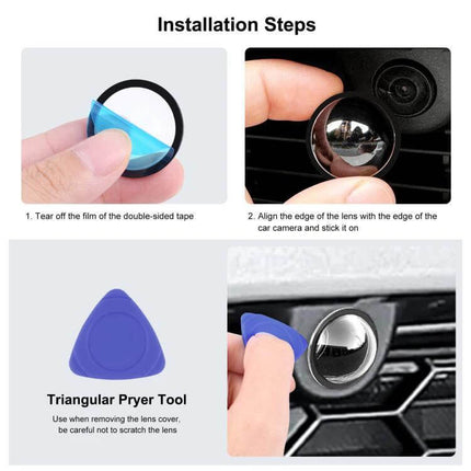 Lens Guard Protective Cover Kits for Tesla Vehicles showing installation steps with triangular pryer tool and adhesive lens cover