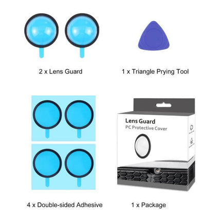 Lens Guard Protective Cover Kits for Tesla Vehicles showing 2 blue lens guards, prying tool, adhesive pads and package