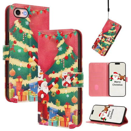 Leather Phone Case With Hand Strap For Everyday Use - red Christmas print PU leather wallet case with card slots and hand strap