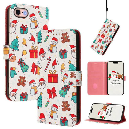 Leather Phone Case With Hand Strap For Everyday Use - white Christmas pattern wallet case with card slots and hand strap
